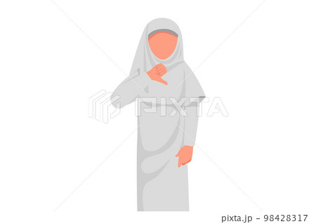 Business flat drawing unhappy Arab businesswoman showing thumbs down sign gesture. Dislike or disagree with business innovation. Disappointment, disapprove, no deal. Cartoon design vector illustration 98428317