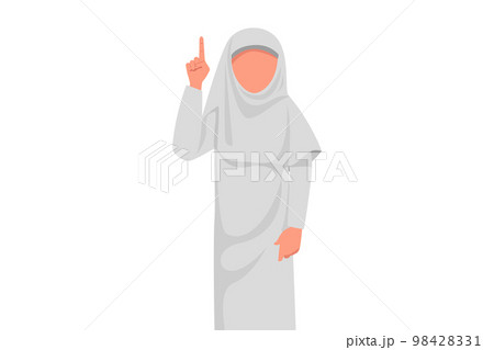 Business design drawing of Arab businesswoman pointing up finger ask question. Female manager finger index up gesture, get business idea, brainstorm, innovation. Flat cartoon style vector illustration 98428331