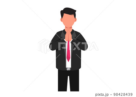 Business flat cartoon style drawing of young attractive businessman holding palms in prayer. Male manager welcome gesture at office. Worker praying hands together. Graphic design vector illustration 98428439