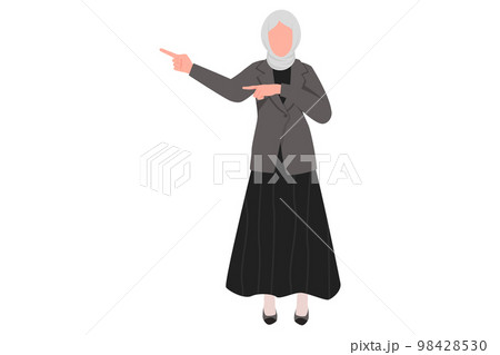 Business flat cartoon style drawing Arab businesswoman pointing away hands together, showing or presenting something while standing. Office worker present product. Graphic design vector illustration 98428530