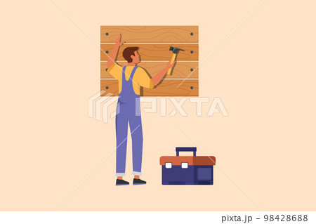 Business design drawing professional worker in overalls hammering wall. Nail in wood. Construction work at home. Building, construction and repair work services. Flat cartoon style vector illustration Business design drawing professional worker in overalls hammering wall. Nail in wood. Construction work at home. Building, construction and repair work services. Flat cartoon style vector illustration 98428688
