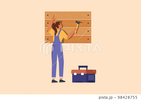 Business flat drawing professional worker in overalls hammering wall. Nail in wood. Beauty repairwoman work at home. Building, construction and repair work services. Cartoon design vector illustration 98428755