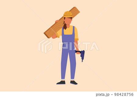 Business design drawing timber frame house construction worker. Repairwoman standing with board, tool box, drill. Building, construction, repair work services. Flat cartoon style vector illustration Business design drawing timber frame house construction worker. Repairwoman standing with board, tool box, drill. Building, construction, repair work services. Flat cartoon style vector illustration 98428756