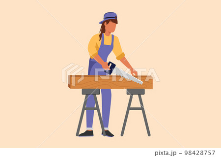 Business flat cartoon style drawing builder or carpenter repairwoman sawing boards. Building, construction, repair services. Real estate, housing. Business timber. Graphic design vector illustration 98428757