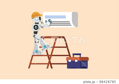 Business flat drawing robot repairman technician repairing air conditioner. Air conditioning unit repair. Humanoid cybernetic organism. Future robotic development. Cartoon design vector illustration Business flat drawing robot repairman technician repairing air conditioner. Air conditioning unit repair. Humanoid cybernetic organism. Future robotic development. Cartoon design vector illustration 98428785
