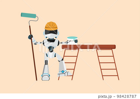 Business flat drawing robot repairman painter standing with painting roller brush, bucket, ladder. Room painter. Humanoid cybernetic organism. Robotic development. Cartoon design vector illustration 98428787