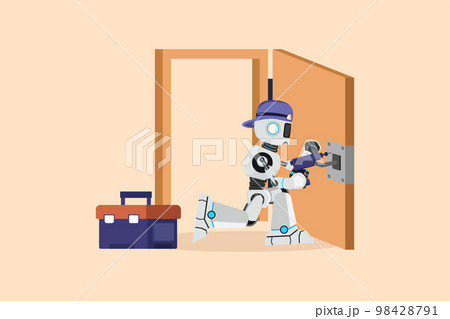 Business design drawing robot repairman with equipment repairing wooden door. Locksmith fix lock. Construction indoor services. Future technology development. Flat cartoon style vector illustration 98428791