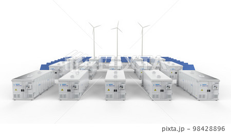 Amount of energy storage systems or battery container units with solar and turbine farm 98428896