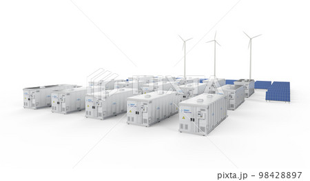 Amount of energy storage systems or battery container units with solar and turbine farm Amount of energy storage systems or battery container units with solar and turbine farm 98428897