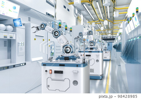 Automation semiconductor manufacturing with robotic arms in factory 98428985