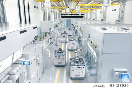 Automation semiconductor manufacturing with robotic arms in factory 98428986