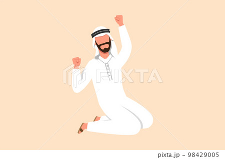 Business flat cartoon style drawing happy Arab businessman kneeling with raised one hand high and raised other. Male manager celebrate success business achievement. Graphic design vector illustration Business flat cartoon style drawing happy Arab businessman kneeling with raised one hand high and raised other. Male manager celebrate success business achievement. Graphic design vector illustration 98429005