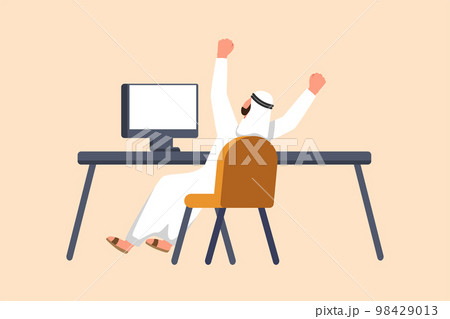 Business flat drawing back view happy Arab businessman completed task and triumphing with raised hands on desk. Successful well done work or business project goals. Cartoon design vector illustration Business flat drawing back view happy Arab businessman completed task and triumphing with raised hands on desk. Successful well done work or business project goals. Cartoon design vector illustration 98429013