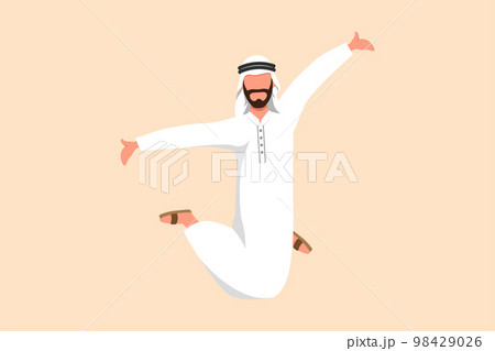 Business flat drawing happy Arab businessman jump with raised legs and spread arms. Male manager celebrating success of increasing company's product sales or target. Cartoon design vector illustration Business flat drawing happy Arab businessman jump with raised legs and spread arms. Male manager celebrating success of increasing company's product sales or target. Cartoon design vector illustration 98429026