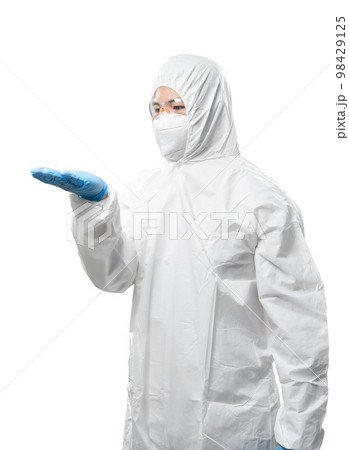 Worker wears medical protective suit or white coverall suit hand extend isolated on white 98429125