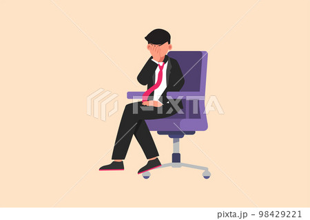 Business design drawing sad depressed businessman sitting on chair thinking about finding money for paying bills during crisis. Financial problem and bankruptcy. Flat cartoon style vector illustration 98429221