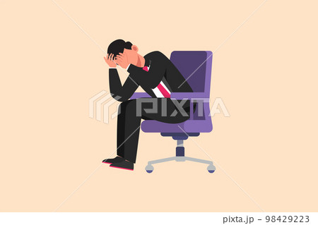 Business flat cartoon style drawing frustrated businessman holding his head sitting alone on the chair. Regret on business mistake, depressed, stupidity, foolish. Graphic design vector illustration 98429223