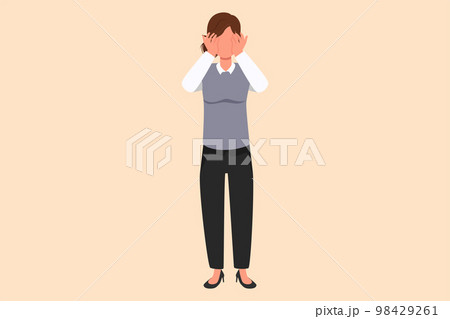 Business flat cartoon style drawing depressed businesswoman standing and holding head, feeling headache. Depression disorder, sorrow. Stress due to economic crisis. Graphic design vector illustration Business flat cartoon style drawing depressed businesswoman standing and holding head, feeling headache. Depression disorder, sorrow. Stress due to economic crisis. Graphic design vector illustration 98429261