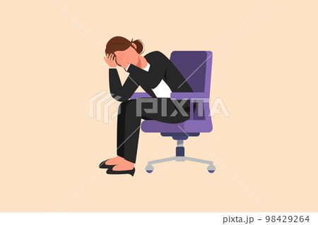 Business design drawing frustrated businesswoman holding head sitting alone on the chair at office. Regret on business mistake, depressed, stupidity, foolish. Flat cartoon style vector illustration 98429264
