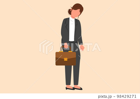 Business flat cartoon style drawing depressed businesswoman looking down, holding briefcase. Woman having mental pressure stress. Bankruptcy on economic recession. Graphic design vector illustration 98429271