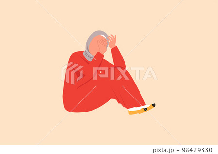 Business flat drawing depressed Arabian businesswoman sitting on the floor. Stressed office worker losing job. Economic financial crisis. Depression people concept. Cartoon design vector illustration 98429330
