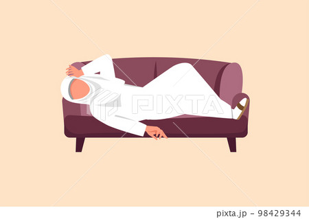 Business flat drawing depressed Arabian businesswoman tired and resting on sofa. Frustrated worker holding head lying on sofa. Stressed, unhappy, anxiety on failure. Cartoon design vector illustration 98429344