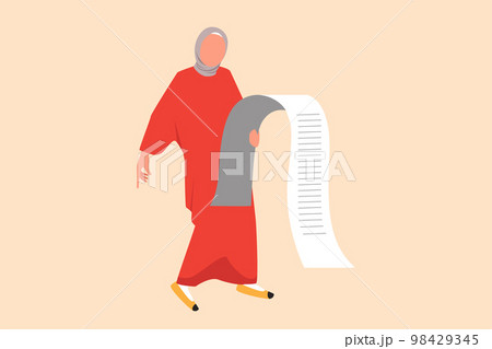 Business design drawing depressed Arabian businesswoman standing thinking about finding money for paying bills during crisis. Financial problems and bankruptcy. Flat cartoon style vector illustration 98429345