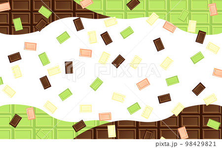 チョコレートを散りばめた背景 抹茶 ピスタチオチョコ 苺 ミルクチョコレートのイラスト素材