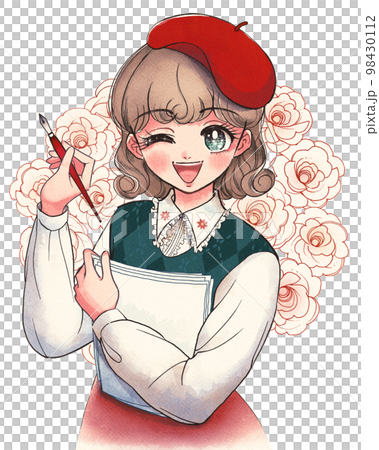 cute girl cartoon illustration artist girl wearing a beret cute girl cartoon illustration artist girl wearing a beret 98430112