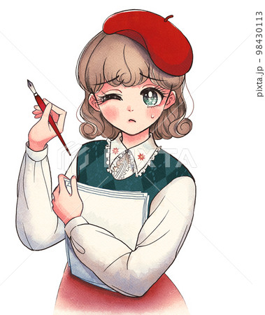 レトロな少女まんが風・ベレー帽をかぶった若手クリエイターのイラスト レトロな少女まんが風・ベレー帽をかぶった若手クリエイターのイラスト
