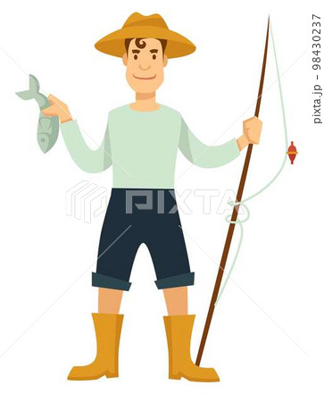 Fisherman with fishing rod and fish in hat and rubber boots 98430237
