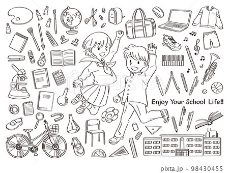 中学校、高校などの学校生活の文房具や道具とジャンプする制服の男子と女子のイラストセット 線画 中学校、高校などの学校生活の文房具や道具とジャンプする制服の男子と女子のイラストセット 線画 98430455