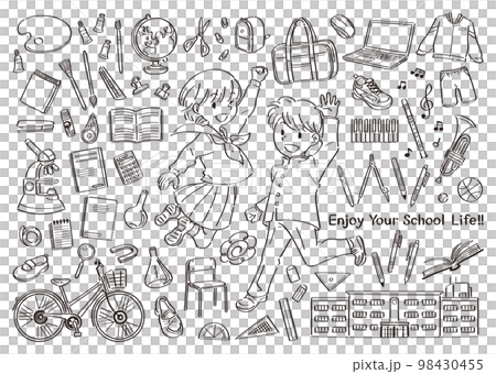 中学校、高校などの学校生活の文房具や道具とジャンプする制服の男子と女子のイラストセット 線画 中学校、高校などの学校生活の文房具や道具とジャンプする制服の男子と女子のイラストセット 線画 98430455