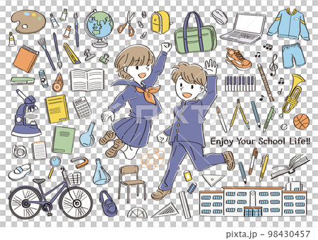 Illustration set of boys and girls in uniforms jumping with stationery and tools for school life such as junior high school and high school 98430457