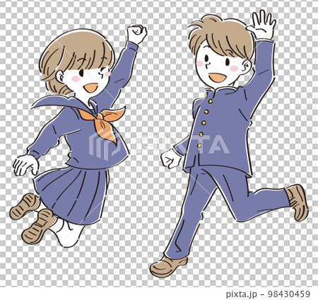 Boys and girls in uniform jumping with a smile 98430459