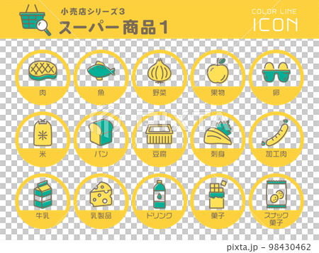 小売店シリーズ3　スーパーの商品1　カラーラインアイコンのセット 98430462
