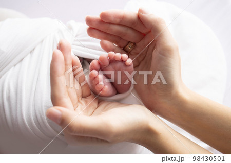 Small feet of a newborn in the hands of a parent. Loving palms of mother's hands. Conceptual image of motherhood. Close-up, selective focus. Professional photography on a white background. 98430501