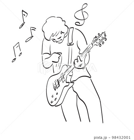 male rocker with electric guitar illustration vector hand drawn isolated on white background line art. 98432001