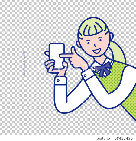 Illustration material of an image in which the upper body of a female student holding a smartphone pops out from the side Illustration material of an image in which the upper body of a female student holding a smartphone pops out from the side 98433459