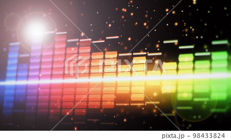 Sound equalizer. Wave pattern of music sounds element on monitor screen. Digital equalizer. Modern song equalisers dark background. Colorful waveform of musical soundtrack. Music equalizers display. 98433824
