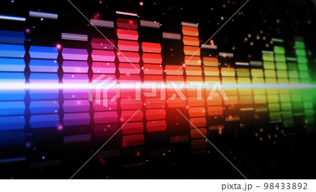 Sound equalizer. Wave pattern of music sounds element on monitor screen. Digital equalizer. Modern song equalisers dark background. Colorful waveform of musical soundtrack. Music equalizers display. 98433892