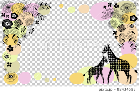 Cute hand-drawn frame of Scandinavian flowers and giraffe parent and child 98434585