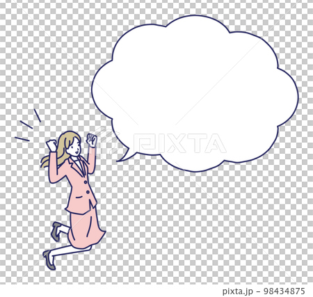 一個穿著西裝、用膽量姿勢跳躍的女人的講話泡泡 一個穿著西裝、用膽量姿勢跳躍的女人的講話泡泡 98434875