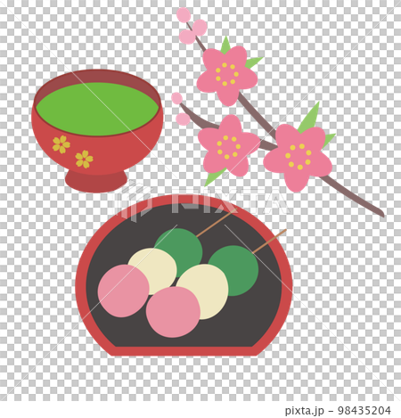 Tricolor dumplings, matcha green tea and peach blossoms 98435204