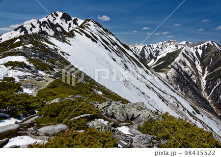 前常念岳への下りから見る残雪の常念岳と大天井岳 98435522