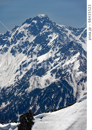 前常念岳への下りから見る前穂高岳と稜線を行く登山者 98435523