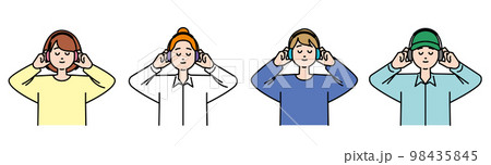 ヘッドフォンで音楽を聴く男性と女性 98435845