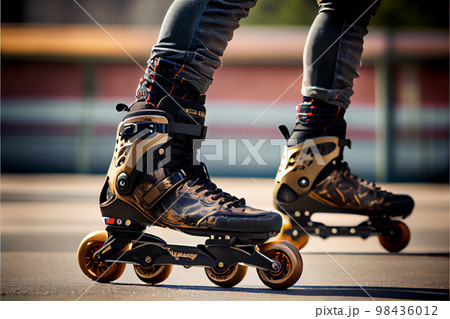 Man legs on roller skates at summer. Inline skates sport conceptual image. Man legs on roller skates at summer. Inline skates sport conceptual image. 98436012