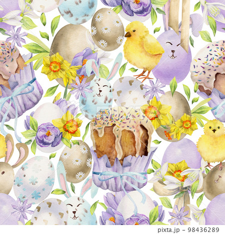 Watercolor hand drawn Easter celebration clipart. Seamless pattern with painted eggs, bows, flowers. Pastel color. Isolated on white background. For invitations, gifts, greeting cards, print, textile 98436289