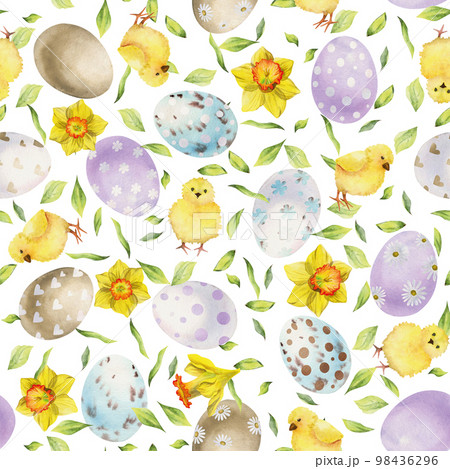 Watercolor hand drawn Easter celebration clipart. Seamless pattern with painted eggs, bows, flowers. Pastel color. Isolated on white background. For invitations, gifts, greeting cards, print, textile 98436296
